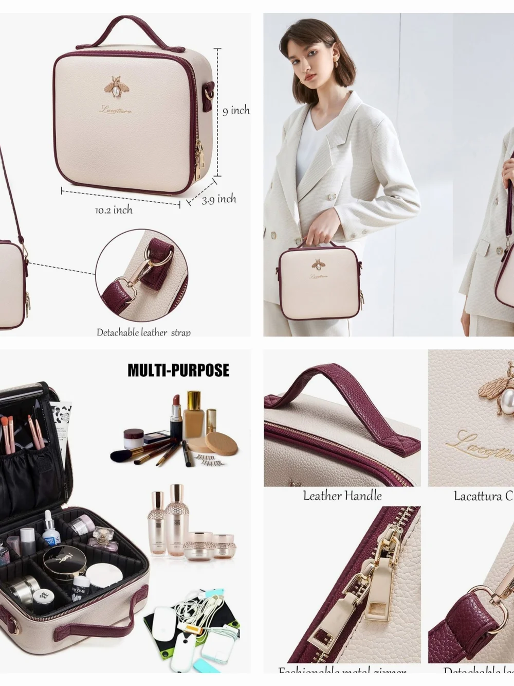 Lacattura Cream & Burgundy Bee-Embellished Crossbody Cosmetic Case Vegan